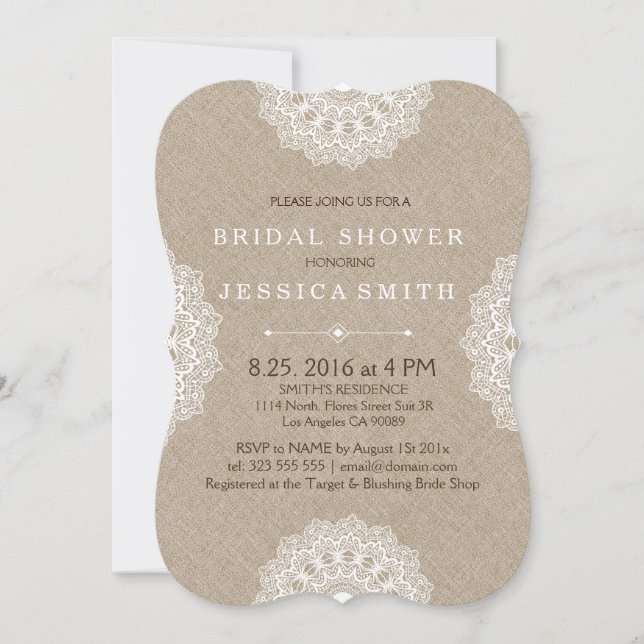 Beige Linen White Lace Bridal Shower Invite (Front)