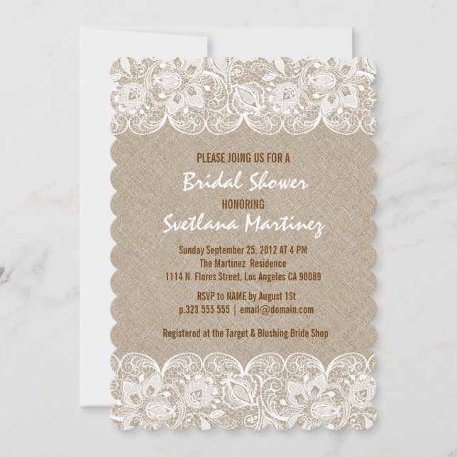 Beige Linen & White Lace Bridal Shower Invite (Front)