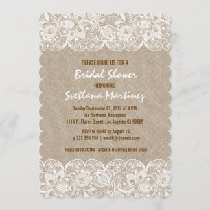 Beige Linen & White Lace Bridal Shower Invite