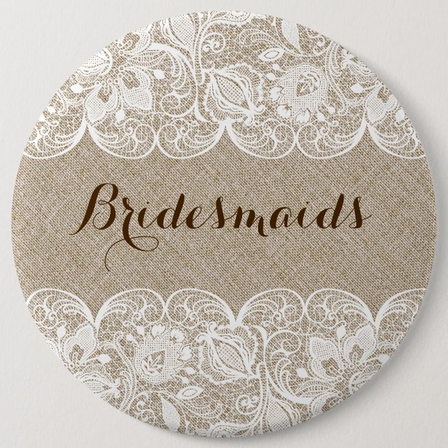 Beige Linen & White Lace Bridesmaids Button (Front)
