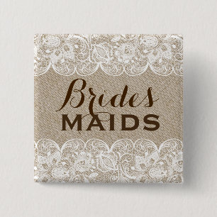Beige Linen & White Lace Bridesmaids Button 2