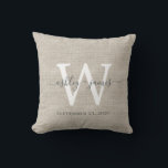 Beige Linen White Monogram Wedding Keepsake Cushion<br><div class="desc">Elegant wedding keepsake beige woven linen effect pillow with your text in dark grey chic handwritten script calligraphy. Simply add your names, monogram and wedding date. Great gift for a newlywed couple. Exclusively designed for you by Happy Dolphin Studio. If you need any help or matching products, please contact us...</div>