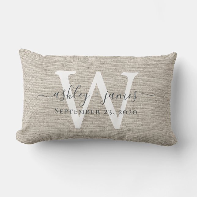 Beige Linen White Monogram Wedding Keepsake Lumbar Cushion (Front)