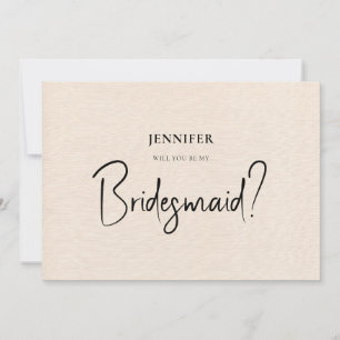 Beige Linen White Script Will You Be My Bridesmaid Invitation