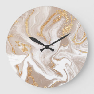 Beige liquid marble, gold line art. large clock