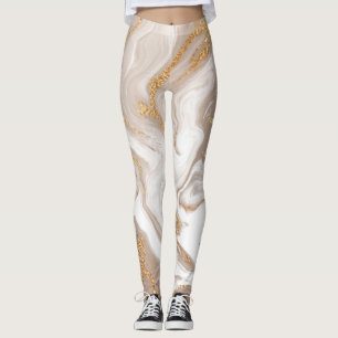 Beige liquid marble, gold line art. leggings