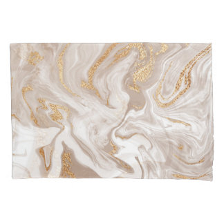 Beige liquid marble, gold line art. pillowcase