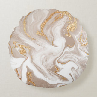 Beige liquid marble, gold line art. round cushion