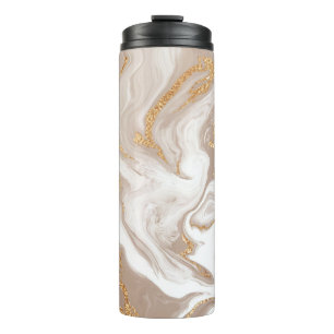 Beige liquid marble with glitter gold thermal tumbler