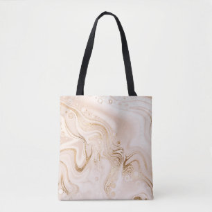 Beige liquid marble with gold glitter splash tote bag