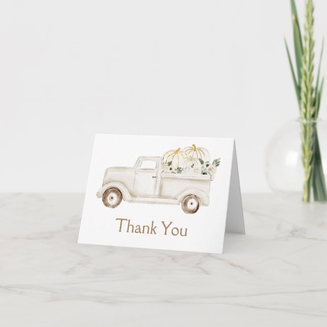 Beige Little Pumpkin Truck Baby Shower Photo Thank You Card (Front)