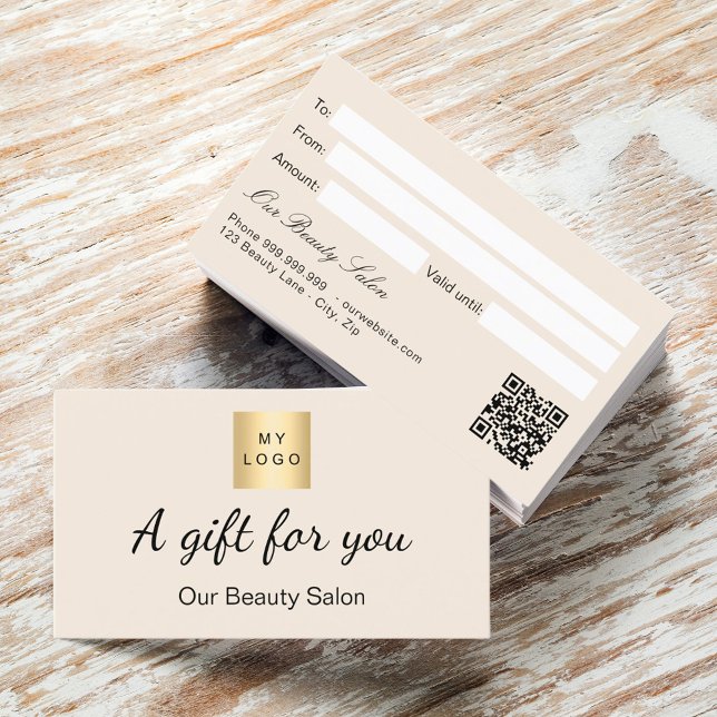 Beige logo qr gift certificate card (Creator Uploaded)