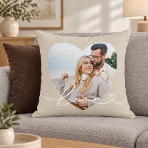 Beige Love Script Heart Photo Couple Cushion