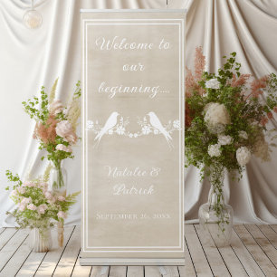 Beige Lovebird Floral Wedding Retractable Banner