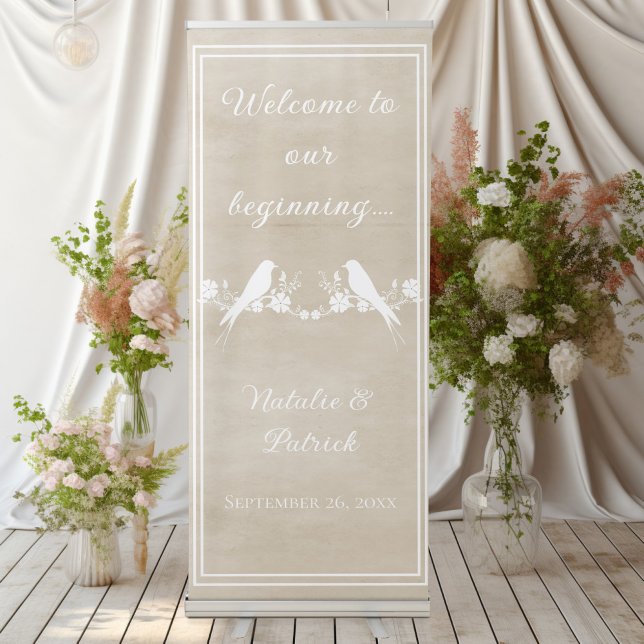 Beige Lovebird Floral Wedding Retractable Banner (Beige Lovebird Floral Wedding Welcome Retractable Banner)
