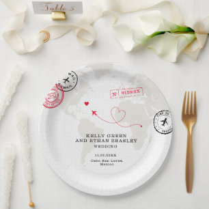 Beige Map Destination Wedding Paper Plate