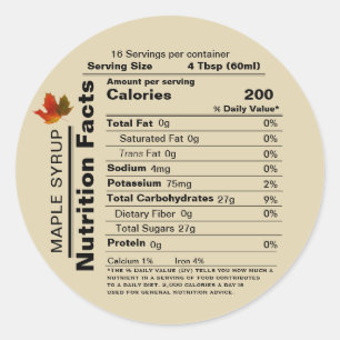 Beige Maple Syrup Nutrition Facts with Maple Leaf  Classic Round Sticker