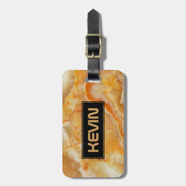 Beige Marble Stone Print Monogrammed Luggage Tag (Front Vertical)