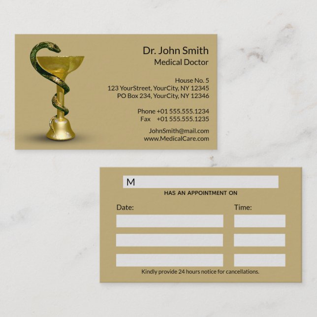 Beige Medical Bowl Snake Hygieia Gold Caduceus Appointment Card (Front/Back)