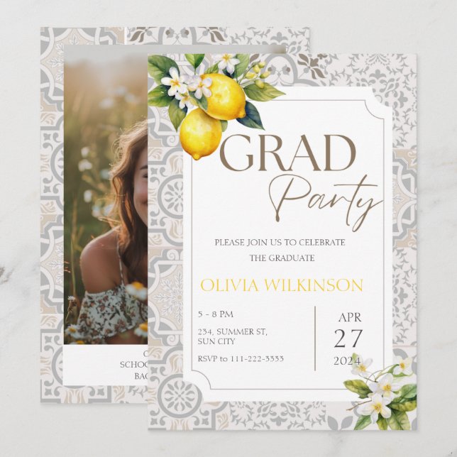 Beige Mediterranean Italian Lemon Graduation Party Invitation (Front/Back)