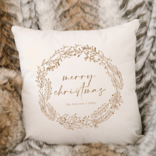 Beige Merry Christmas Wreath Holiday  Cushion