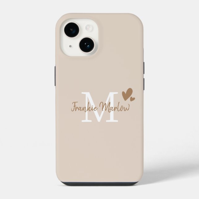 Beige Minimal Modern Initial Monogram Name iPhone Case (Back)