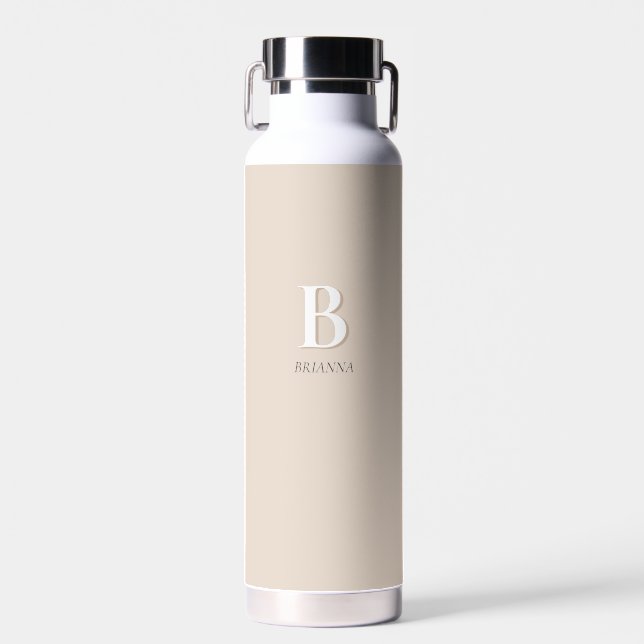 Beige Minimal Modern Initial Monogram Water Bottle (Front)