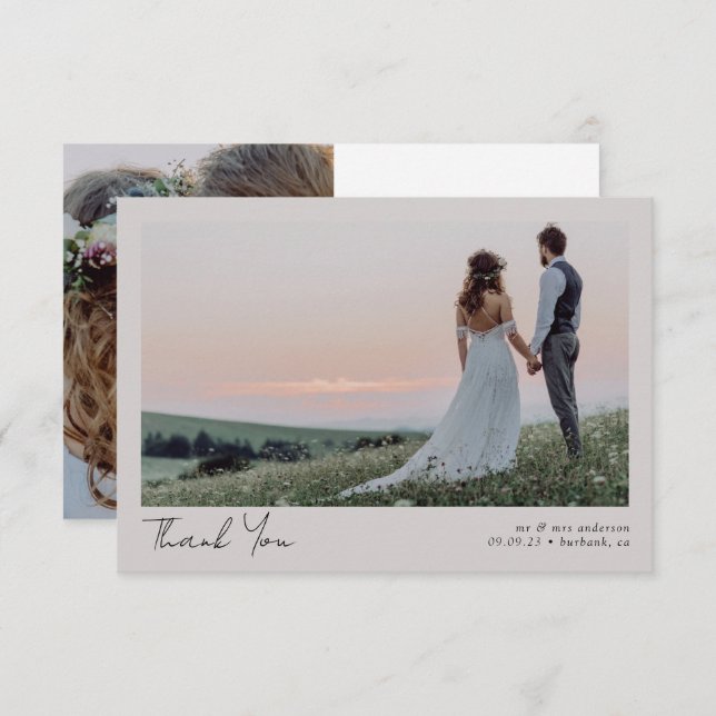 Beige Minimalist 2 Photo Calligraphy Wedding Thank You Card (Front/Back)