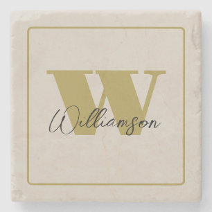 Beige Minimalist Custom Gold Initial Black Name Stone Coaster