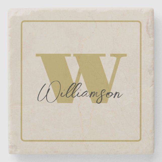 Beige Minimalist Custom Gold Initial Black Name Stone Coaster (Front)