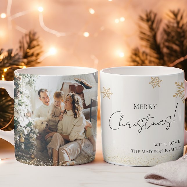 Beige Minimalist Merry Christmas Family Photo Coffee Mug (Creator Uploaded)