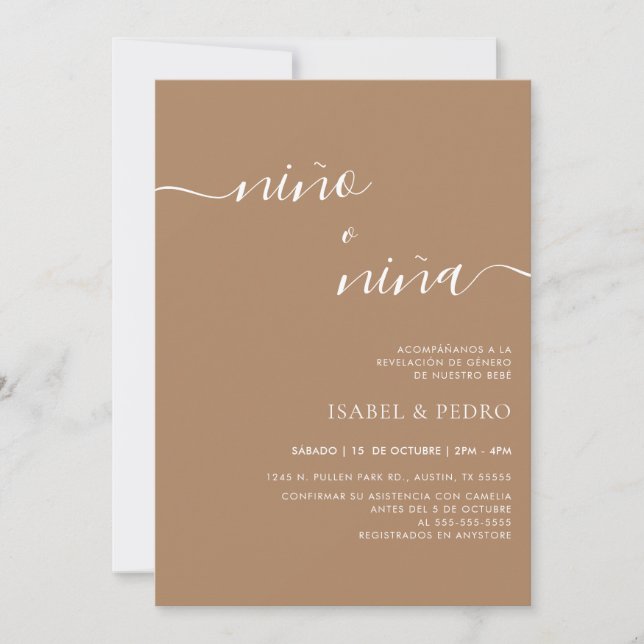 Beige Minimalist Nino o Nina Spanish Gender Reveal Invitation (Front)