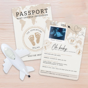 Beige Minimalist Passport Baby Shower Invitation