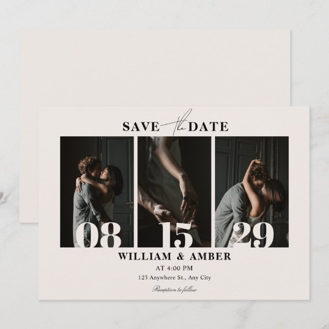 Beige minimalist photo collage wedding save the date (Front/Back)