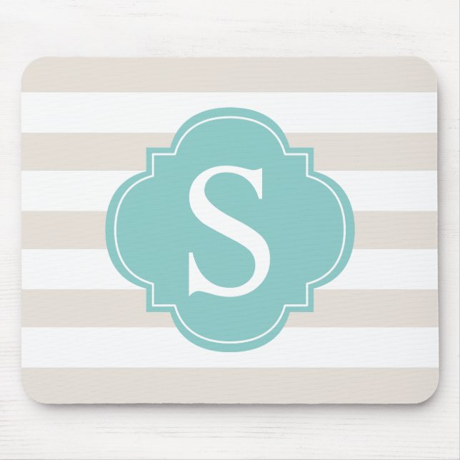 Beige Mint Stripes Monogram Mouse Mat (Front)