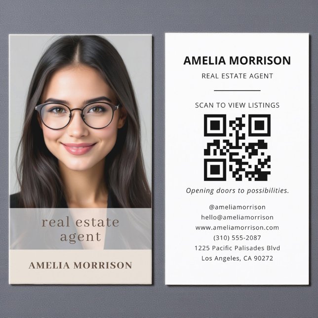 Beige Mocha Real Estate Agent QR Code Photo  Business Card (Creator Uploaded)