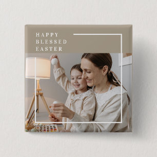 Beige Modern Family Photo Happy Blessed Easter 15 Cm Square Badge