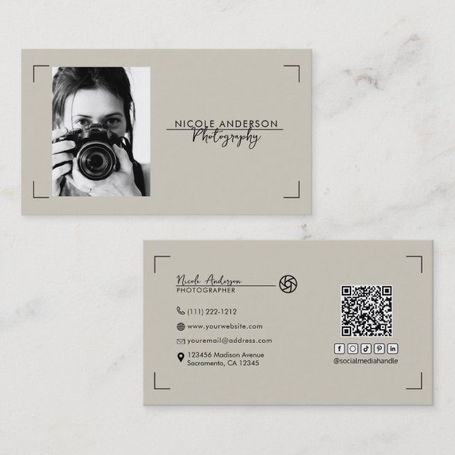 Beige Modern Minimal Clean Logo Photography Photo Business Card (Front/Back)
