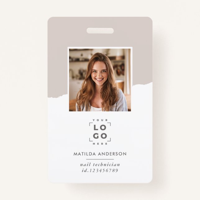Beige modern minimal photo abstract ID badge (Front)
