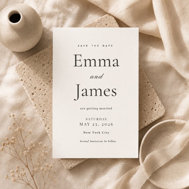 Beige Modern Minimal Save the Date Invitation (Elegant beige Save the Date card styled on soft ivory linen.)