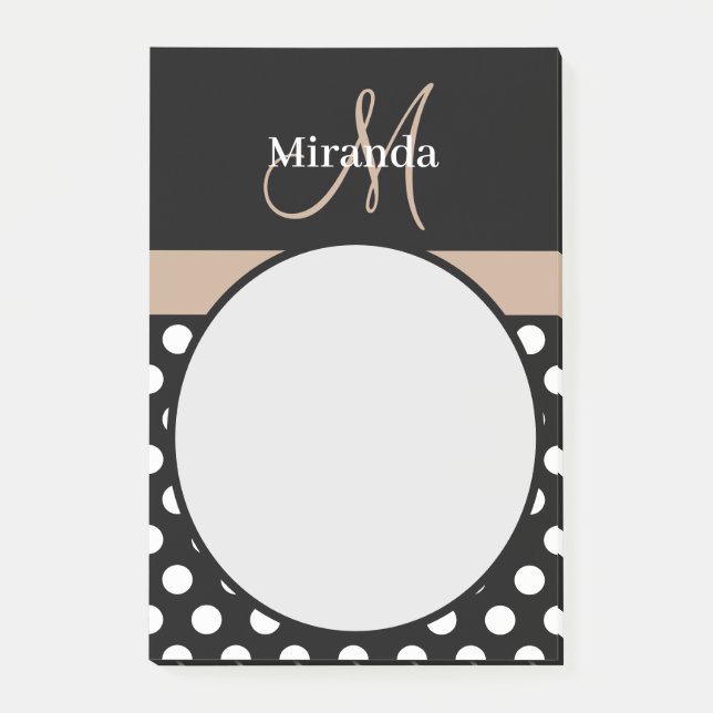 Beige Monogram Black White Polka Dot Post-it Notes (Front)