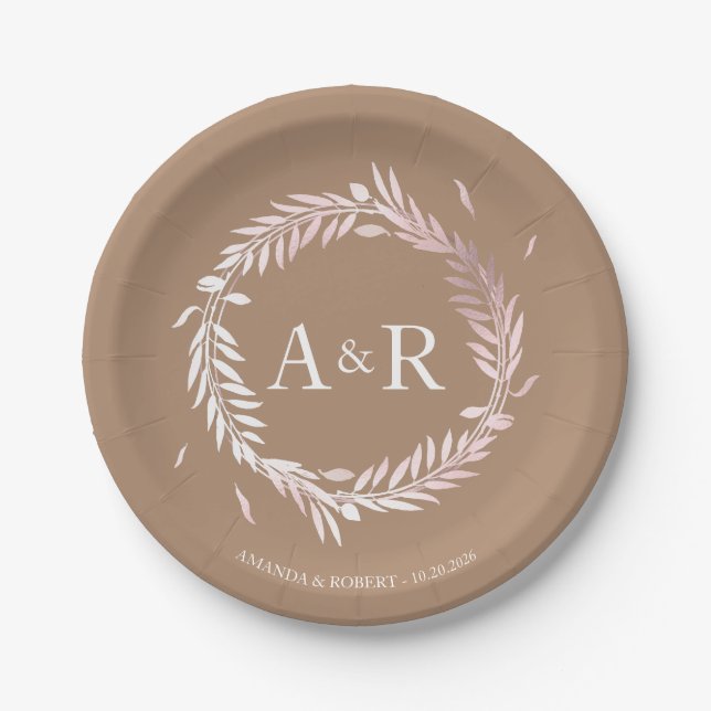 Beige Monogram Faux Foil Wedding Paper Plates (Front)