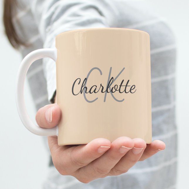 Beige monogram initials name coffee mug (Creator Uploaded)