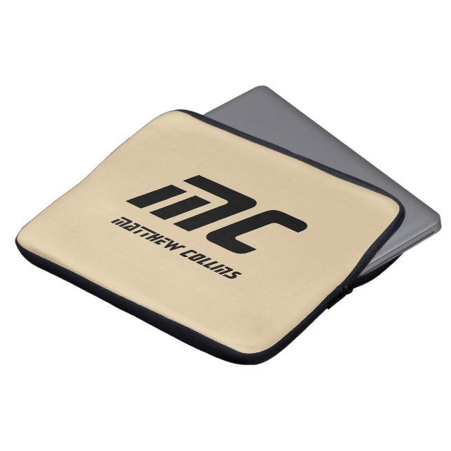 Beige Monogram Minimalist Name Black Text for Him Laptop Sleeve (Front Top)