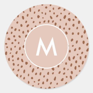 Beige Monogram Terracotta Brown Dots Print Classic Round Sticker