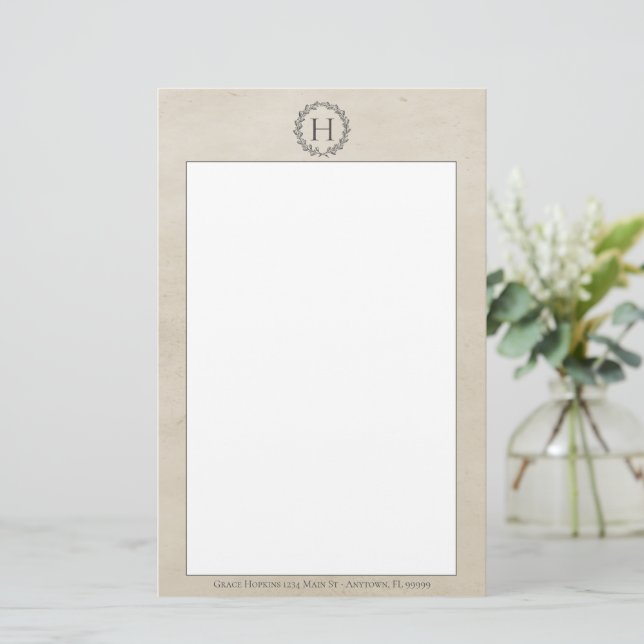 Beige Monogram Wreath Stationery (Standing Front)
