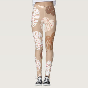 Beige Monstera Leaves: Trendy Hand-Drawn Pattern Leggings