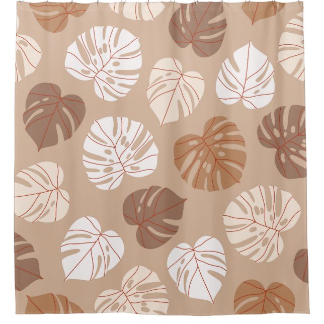 Beige Monstera Leaves: Trendy Hand-Drawn Pattern Shower Curtain (Front)