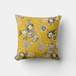 Beige Morning Glories Flowers on Mustard Yellow Cushion