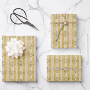 Beige Motifs on Yellow Stripes Wrapping Paper Sheet